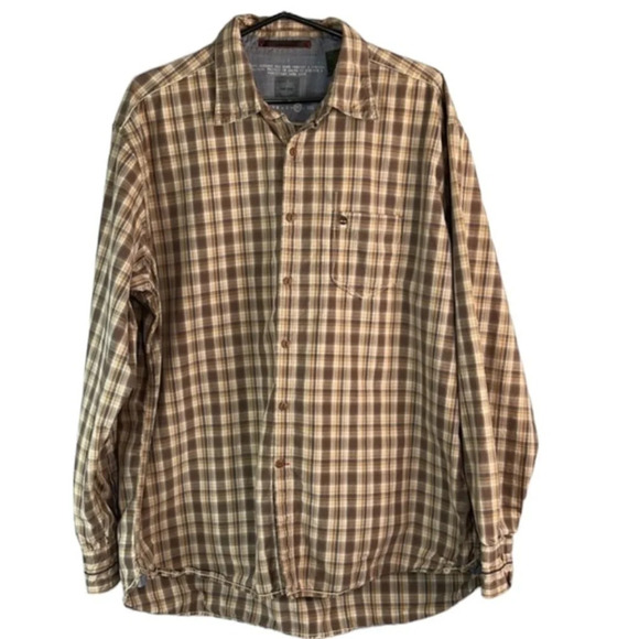 TIMBERLAND Mens Aged Washed Plaid Shirt Tan Brown Organic Cotton Long Sleeve XL - Picture 2 of 13